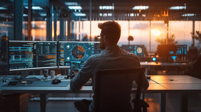 Programming and engineering on his computer and typing on the keyboard writing codes and programs in a modern tech company office. numbers and graphs on screen. Generative AI.