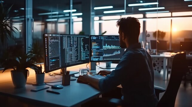 Programming and engineering on his computer and typing on the keyboard writing codes and programs in a modern tech company office. numbers and graphs on screen. Generative AI.