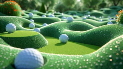 A playful group of golf balls are seen cartwheeling jumping and bouncing their way through a miniature golf course causing all sorts of playful mayhem and obstacles along - obrazy, fototapety, plakaty