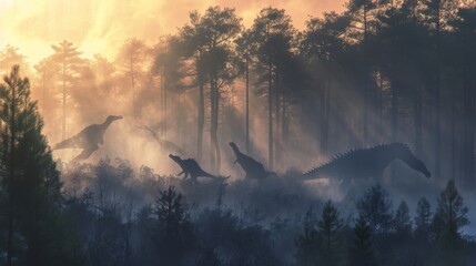 The fog begins to dissipate revealing a family of gentle planteating stegosaurs nestled ast the trees.