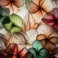 beautiful arrangement of translucent flower petals in various colors and sizes. Each petal is distinct, showcasing different shades including white, green, red, and brown