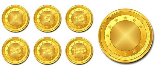 set of various realistic gold dollar coin. 3D Illustration