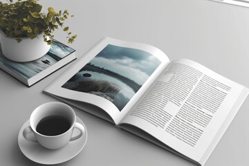 Open magazine with a cup of coffee on the table. 3d rendering