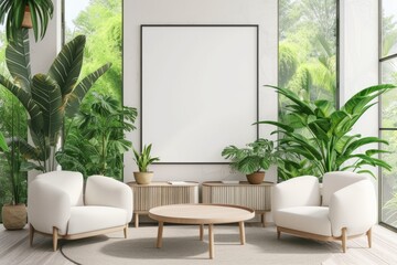 Interior of modern living room with white walls, concrete floor, white armchairs standing near round coffee table and vertical mock up poster frame. 3d rendering
