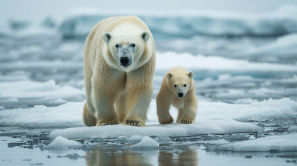 A mother polar bear and her cubs walking across a melting ice floe in the Arctic