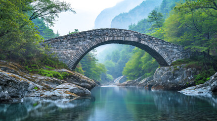 Fototapeta na wymiar Ancient Stone Bridge Over Serene Mountain River
