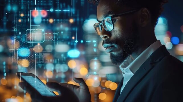 Black businessman holding smart tablet screen in hands analyzing the world economy stock market. Generative AI.