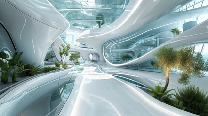 Imaginative and futuristic this office space is brought to life by a stunning skybridge that not only connects different sections but also serves as a focal point embodying - obrazy, fototapety, plakaty