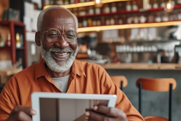Portrait of smiling senior man using digital tablet while sitting in cafe
