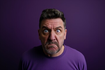 Fototapeta premium Surprised Middle-Aged Man on a Solid Purple Background. Generative AI.