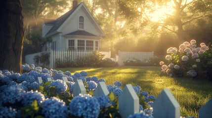 A sunlit Cape Cod house with white picket fence and blooming hydrangeas in the front yard, early morning light casting soft shadows - obrazy, fototapety, plakaty