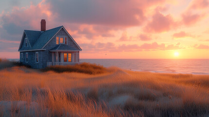 A weathered shingle Cape Cod house nestled among tall beach grass, ocean in the background during sunset
