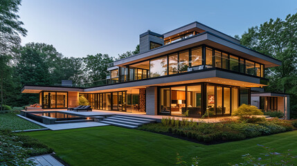 A Cape Cod house with a modern twist, featuring large glass windows, sleek lines, and a minimalist landscape design at dusk - obrazy, fototapety, plakaty