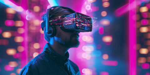 Fototapeta na wymiar Virtual Reality Gaming Session. Gamer engaged in a virtual reality game, headset illuminated with neon pink light.