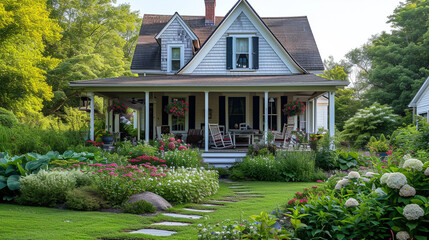 Fototapeta na wymiar A charming Cape Cod home with a wrap-around porch, adorned with rocking chairs and surrounded by lush, flowering gardens