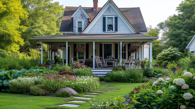 A charming Cape Cod home with a wrap-around porch, adorned with rocking chairs and surrounded by lush, flowering gardens