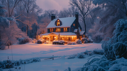 A snowy scene of a Cape Cod house with warm lights glowing from windows, icicles hanging from the eaves, and a snow-covered yard - obrazy, fototapety, plakaty