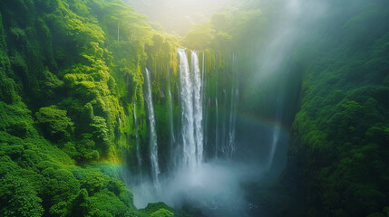 Fototapeta na wymiar A serene waterfall cascading down a lush, green mountainside, with a rainbow forming in the mist
