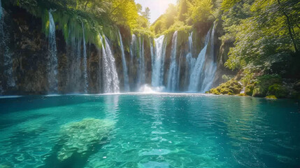 A series of cascading waterfalls in Plitvice Lakes National Park, Croatia, with crystal clear turquoise waters 