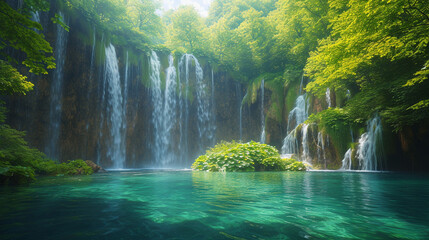 A series of cascading waterfalls in Plitvice Lakes National Park, Croatia, with crystal clear...