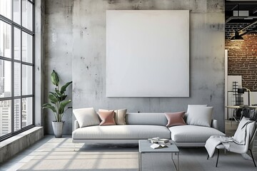 Modern living room interior with a concrete wall, a white sofa and a framed poster. 3d rendering mock up