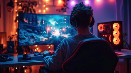 A gamer sitting on a chair in his gaming room is gaming on his pc computer console with keyboard mouse and headphones in front of multiple monitor. Generative AI.