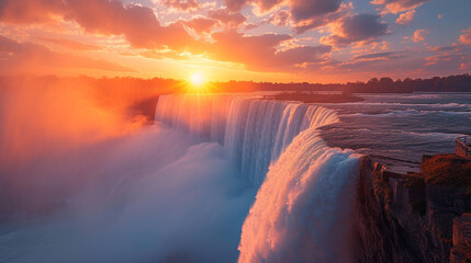 The powerful flow of Niagara Falls, viewed from the edge, with the sun setting behind it