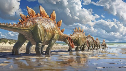 A group of Stegosaurs recognizable by their plated backs searching for tasty sea gr poking through the sand. - obrazy, fototapety, plakaty