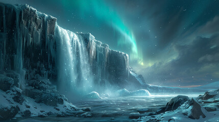 A frozen waterfall in winter, icicles hanging from the cliff, under the northern lights - obrazy, fototapety, plakaty