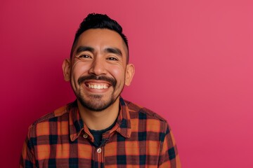 Joyful Man with Bright Smile on a Solid Magenta Background. Generative AI.