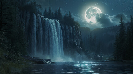 A moonlit waterfall in a remote forest, with the moon's reflection shimmering in the pool below