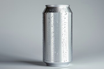 Aluminum can with water drops on a gray background. 3d rendering