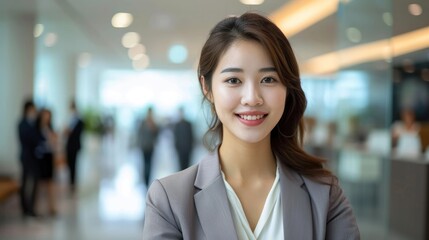 Obraz premium Portrait of a beautiful Asian businesswoman in a suit standing in her modern business company office. Generative AI.