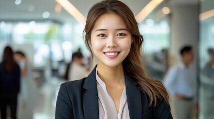 Obraz premium Portrait of a beautiful Asian businesswoman in a suit standing in her modern business company office. Generative AI.