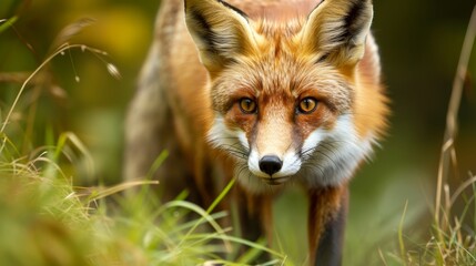 Fototapeta premium Close-up of a red fox hunting and stalking its prey, its keen eyes locked on the target, Ai Generated.