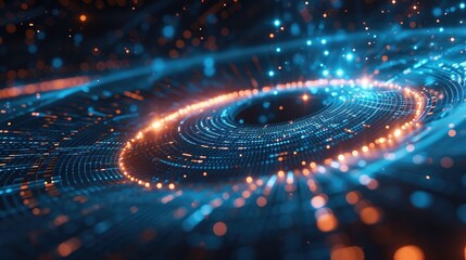 Glowing wires flow in a circular pattern, adorned with luminous particle attachments. Ai Generated