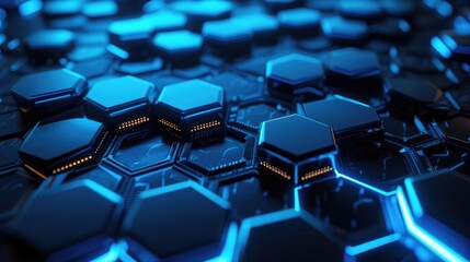 Futuristic hexagonal patterns glow with blue neon lights, creating an abstract backdrop. Ai Generated