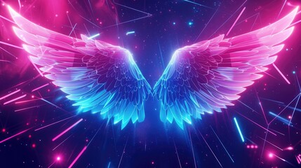 Neon angel wings glow amid pink and blue lights on a UV geometric canvas, Ai Generated.