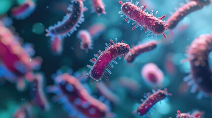 Naklejka premium Detailed close-up showcases 3D microscopic bacteria, revealing their intricate structures. Ai Generated.