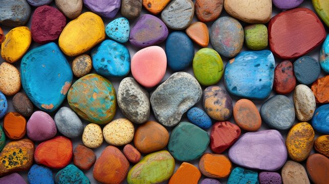 Background adorned with colorful painted stones, creating a vibrant and textured backdrop. Ai Generated