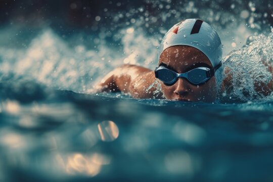 Female swimmer in cap and goggles swimming butterfly stroke style in pool.