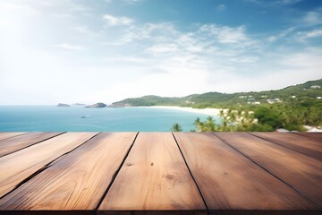 Wooden table with a scenic ocean 