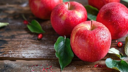 Fresh red apples on a wooden surface, a rustic and inviting display, Ai Generated.