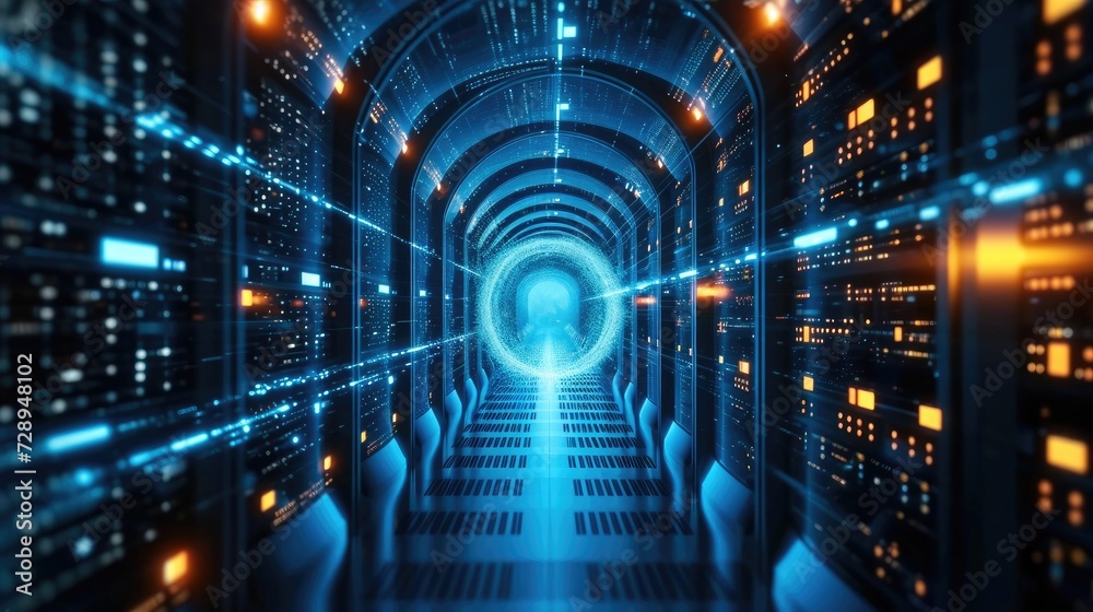 Leinwandbilder abstract concept of blue tunnel with computer number matrix code. big data information internet stor