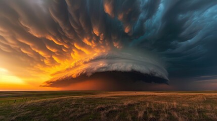 A beautifully structured supercell thunderstorm against a mesmerizing sunset sky, atmospheric drama unfolds, Ai Generated.