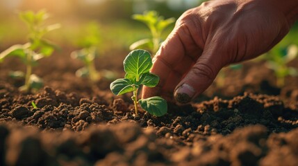 Banner depicts a farmer's hand planting seedling in the field, symbolizing agricultural vitality, Ai Generated