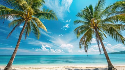 Coconut palm trees against a blue sky frame a beautiful beach, an idyllic tropical scene, Ai Generated.