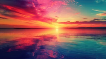 Vibrant sunset casts a colorful glow over a serene lake, a tranquil scene, Ai Generated