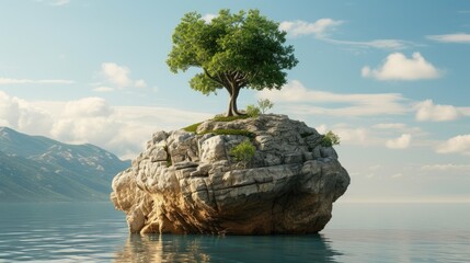 A solitary tree crowns an idyllic island, a symbol of resilience and serenity, Ai Generated