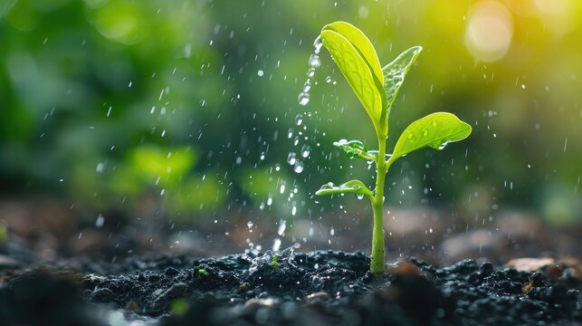 In agriculture, a hand carefully waters one green sprout in the soil field, nurturing growth, Ai Generated